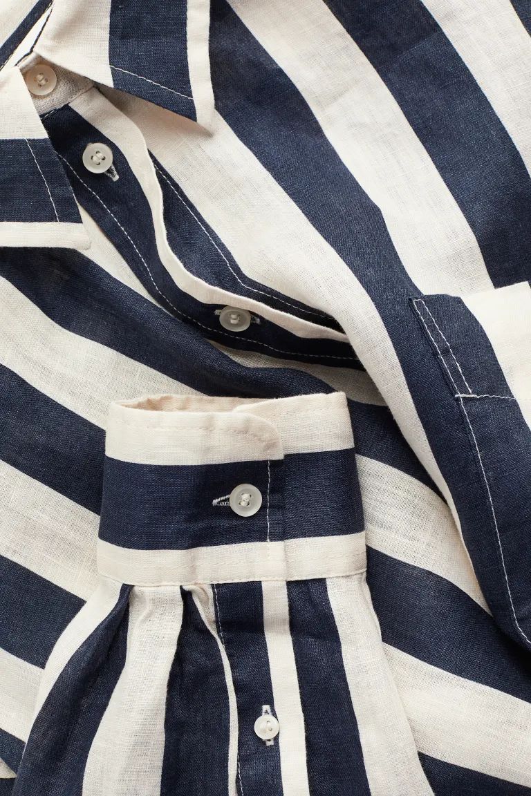 Oversized Linen Shirt - Navy blue/striped - Ladies | H&M US | H&M (US + CA)