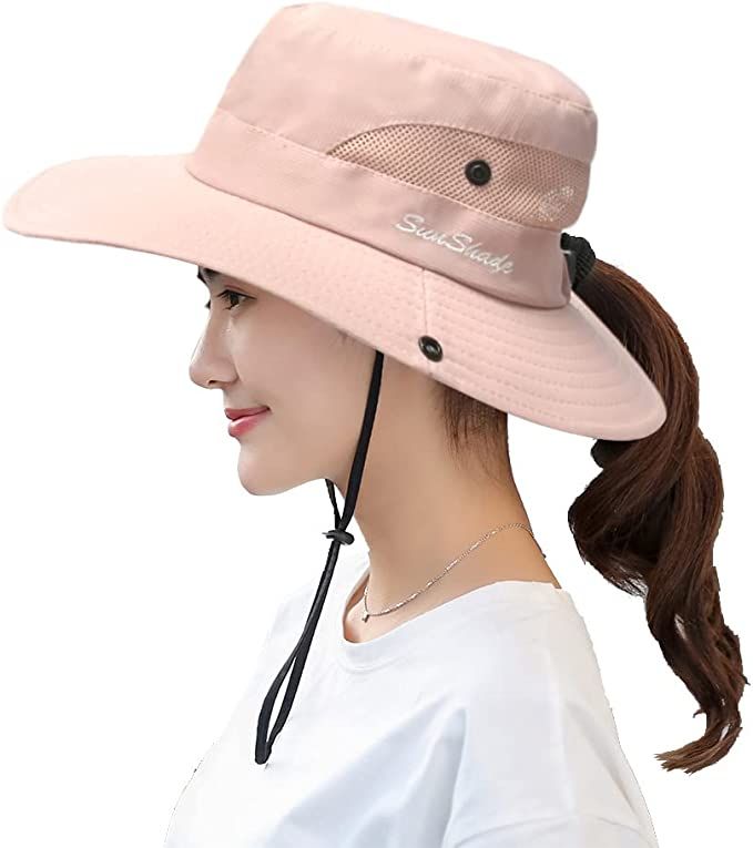 Womens UV Protection Wide Brim Sun Hats - Cooling Mesh Ponytail Hole Cap Foldable Travel Outdoor ... | Amazon (US)