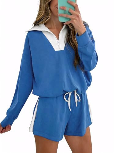 Fisoew Womens 2 Piece Outfits Quarter Zip Sweatshirt Shorts Sets Sweatsuits | Amazon (US)