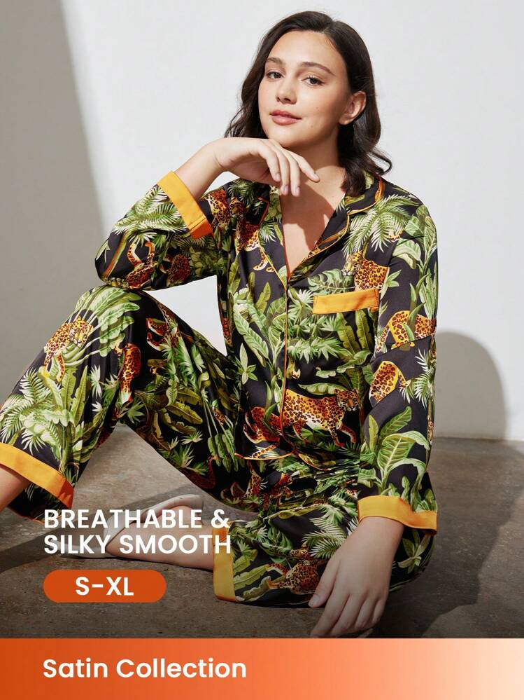 LUVLETTE Retro Print Satin Long Women Pajama Set Lounge Sets | SHEIN