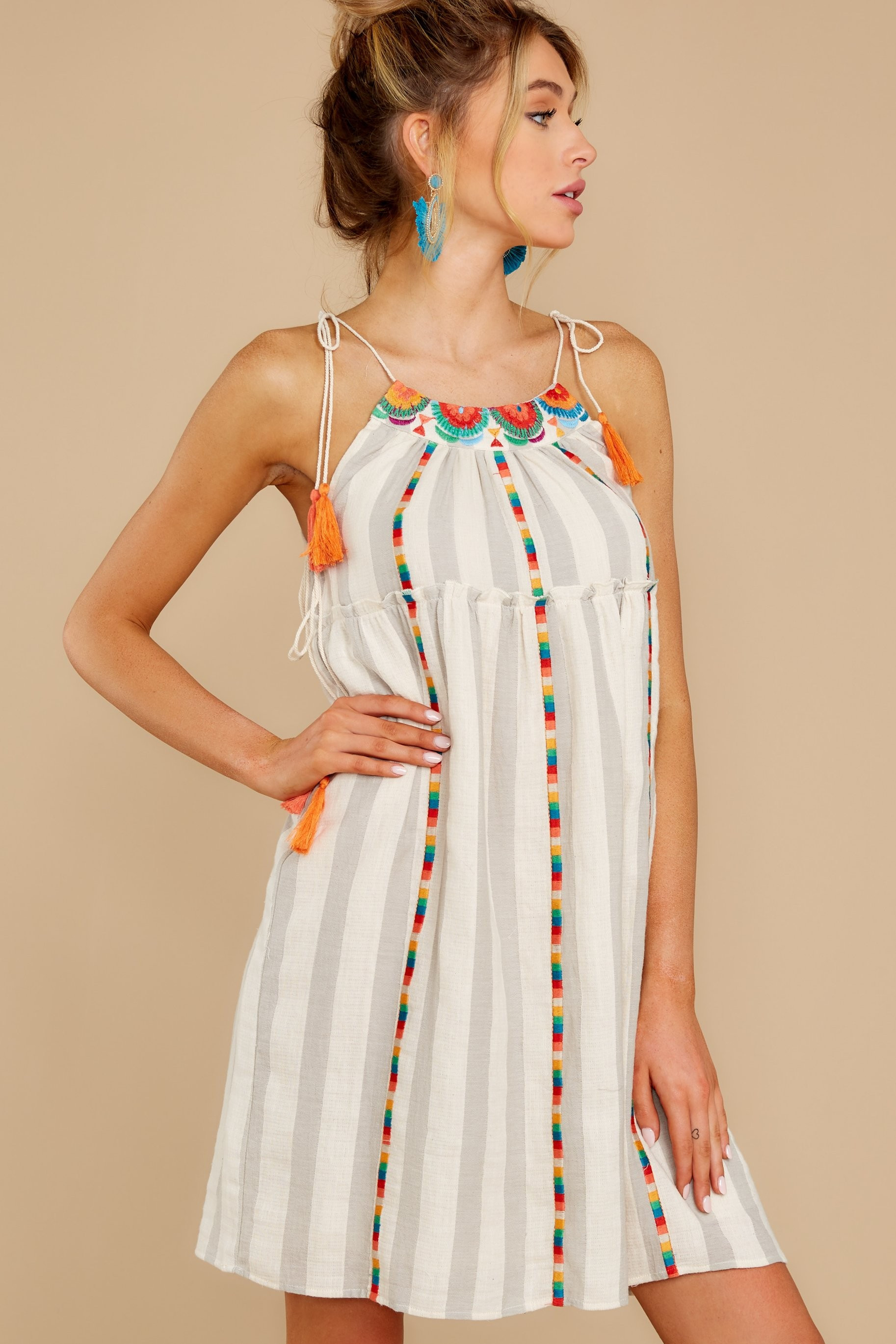 Ticket To Paradise Beige Multi Embroidered Dress | Red Dress 