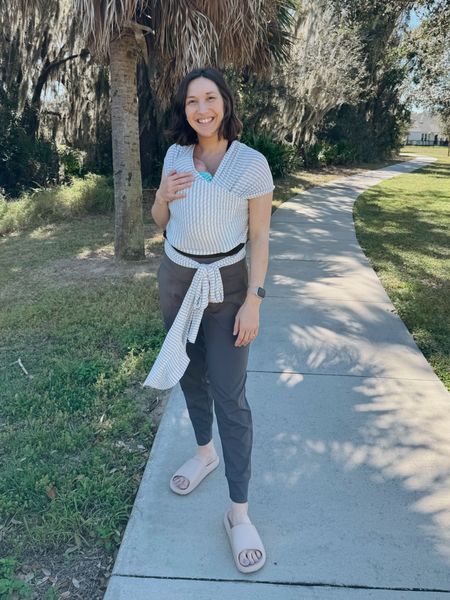 these pants and solly wrap are everything!! highly recommend these pants for postpartum 🙌🏼 

postpartum clothes, postpartum outfit, joggers, Amazon finds, baby carrier, baby wrap, wild fable sandals, slip on sandals 

#LTKbaby #LTKstyletip