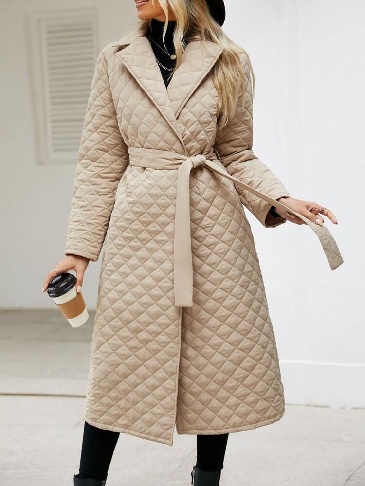 Lapel Neck Belted Quilted Coat | SHEIN
