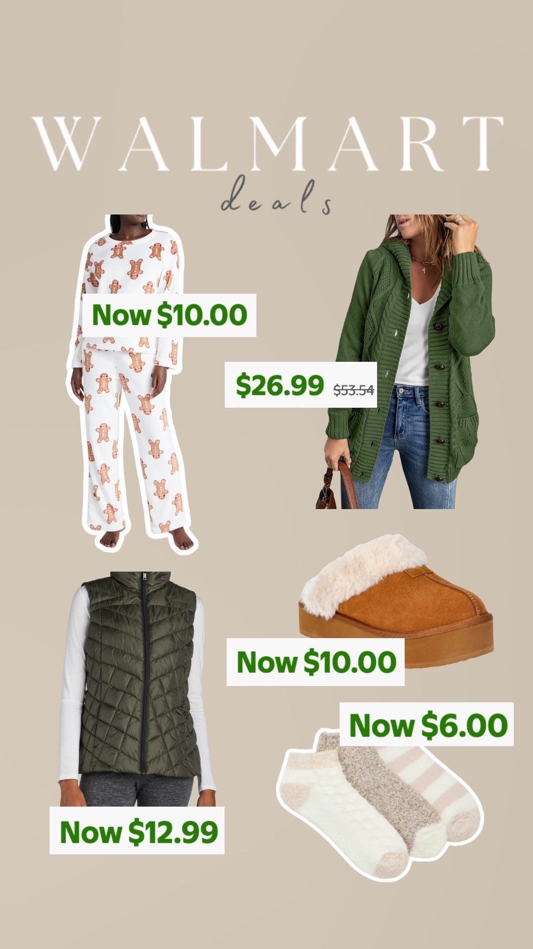 Major Walmart deals happening right now 🤍
So many cozy, everyday finds on serious markdown — pajamas starting at $10, cardigans under $30, cozy vests just $12.99, slippers for $10, and socks as low as $6. Perfect for winter layering, gifting, or stocking up on basics while prices are low.

These deals won’t last long — lots of items are already limited in sizes and colors.

#LTKunder25 #LTKunder50 #LTKdeals #LTKfinds #LTKlookforless #Walmartfashion #Walmartdeals #cozyfinds #winterdeals #affordablefashion #budgetfinds #everydaystyle #loungeweardeals #giftideas

#LTKSaleAlert #LTKHoliday #LTKFindsUnder50