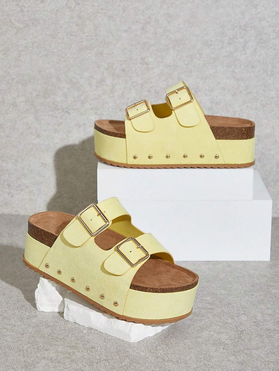 SHUZIA Luxury-Inspired Women's Double Buckle Round Toe Cork Platform PU Wedge Slide Sandals – T... | SHEIN