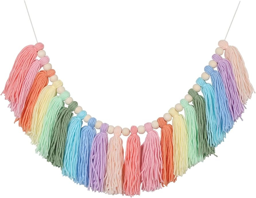 Pastel Rainbow Tassel Garland - Boho Tassel Garland with Wood Beads - Wall Decor for Dorm, Girls ... | Amazon (US)