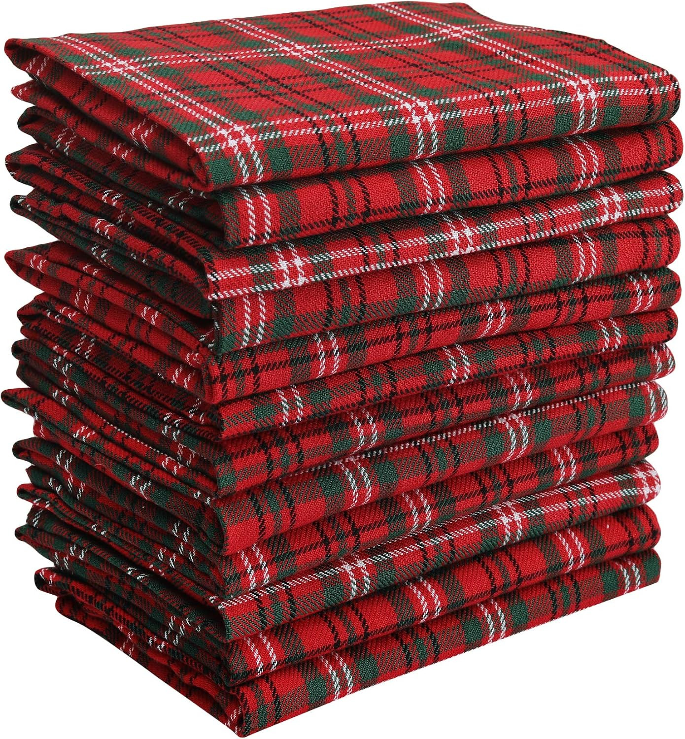 Dinner Napkins, 100% Cotton Over Sized Kitchen Napkins, Set of 12 Pack (19 x 19 Inch) Red & Green Plaid for Christmas and Thanksgiving with Mitered Corner and Lint Free | Amazon (US)