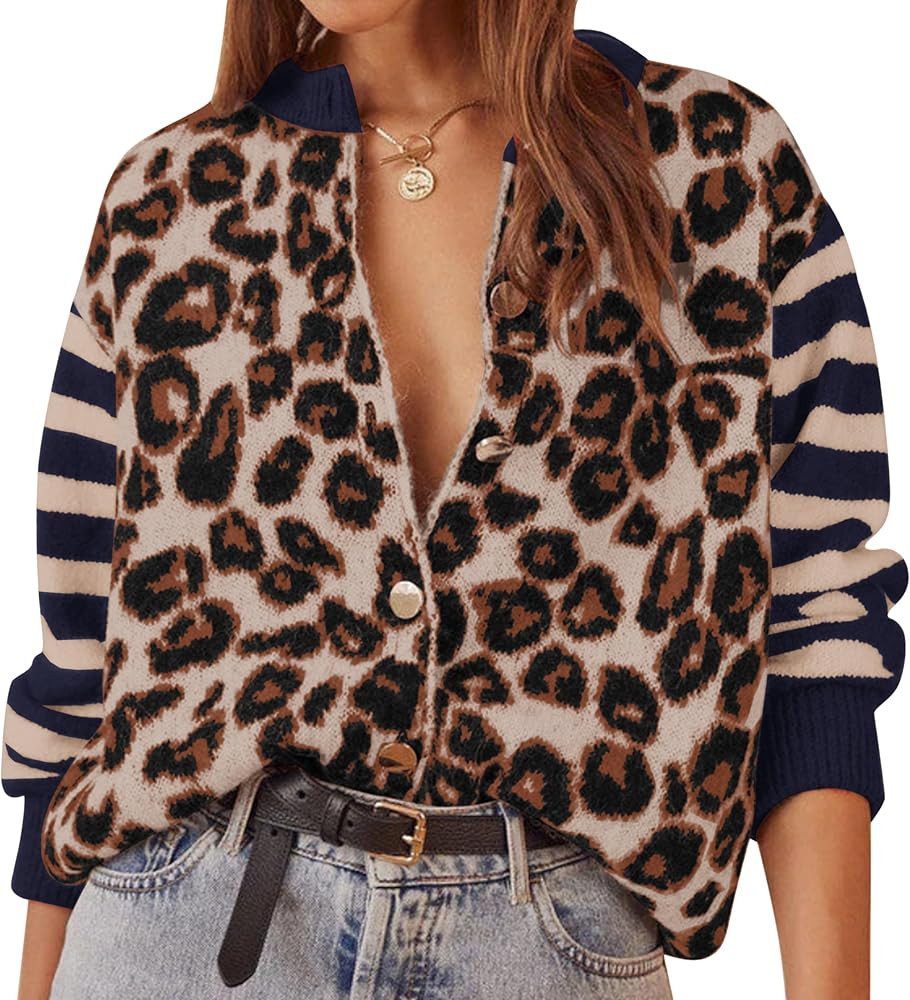 Leopard Striped Cardigans for Women Cheetah Open Front Sweater Knit Button Down Fall Clothes Long... | Amazon (US)