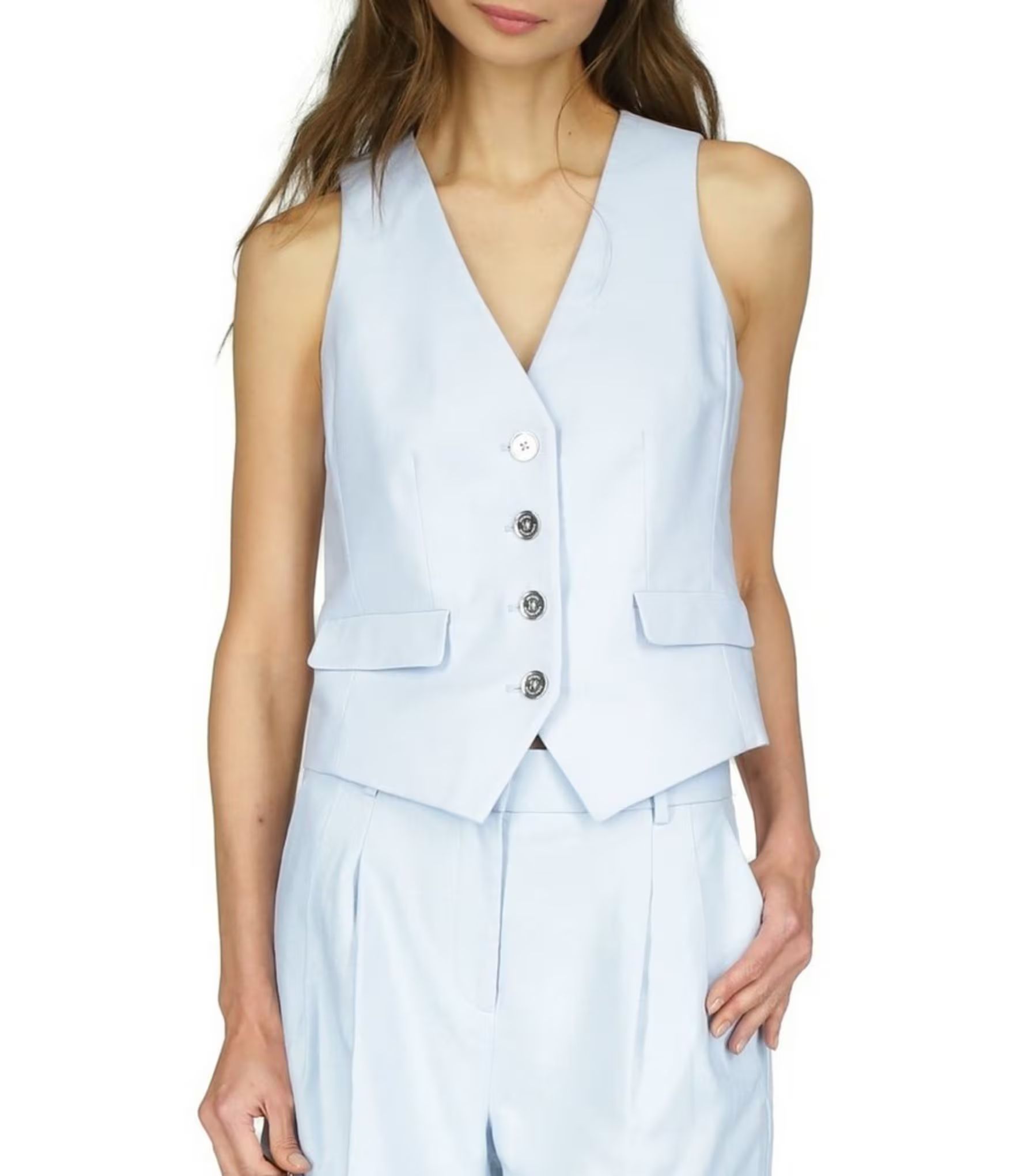 V Neckline Sleeveless Button Front Coordinating Vest | Dillard's