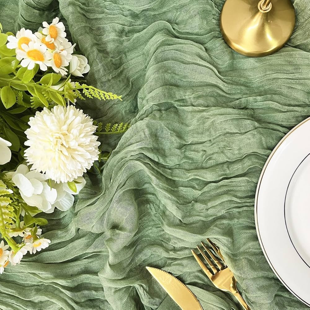 Table Runner 10ft Sage Green, BGHEOUYV Cheesecloth Table Runner 35x120 inch, Christmas Table Runner Gauze Rustic Table Runner for Bridal Shower Decorations, Wedding Thanksgiving Christmas Birthday | Amazon (US)
