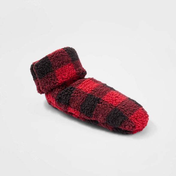 Women's Buffalo Check Sherpa Booties with Grippers - Red/Black | Target