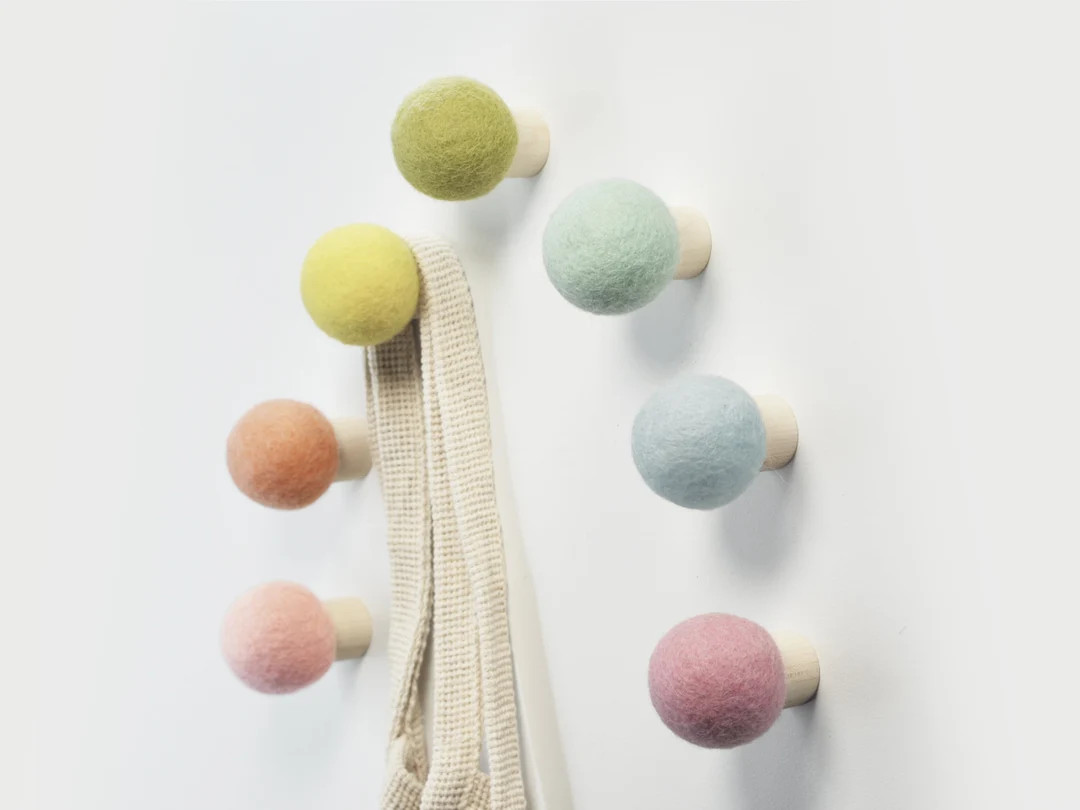 Pastel Rainbow Set of 7 Round Wood and Wool Wall Coat Hooks, Rainbow Wall Art, Decorative Wall Ho... | Etsy (US)
