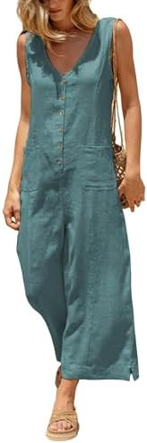 Women Button Down Jumpsuits Cotton Linen Sleeveless Casual Wide Legs Rompers Loose Overall with P... | Amazon (US)
