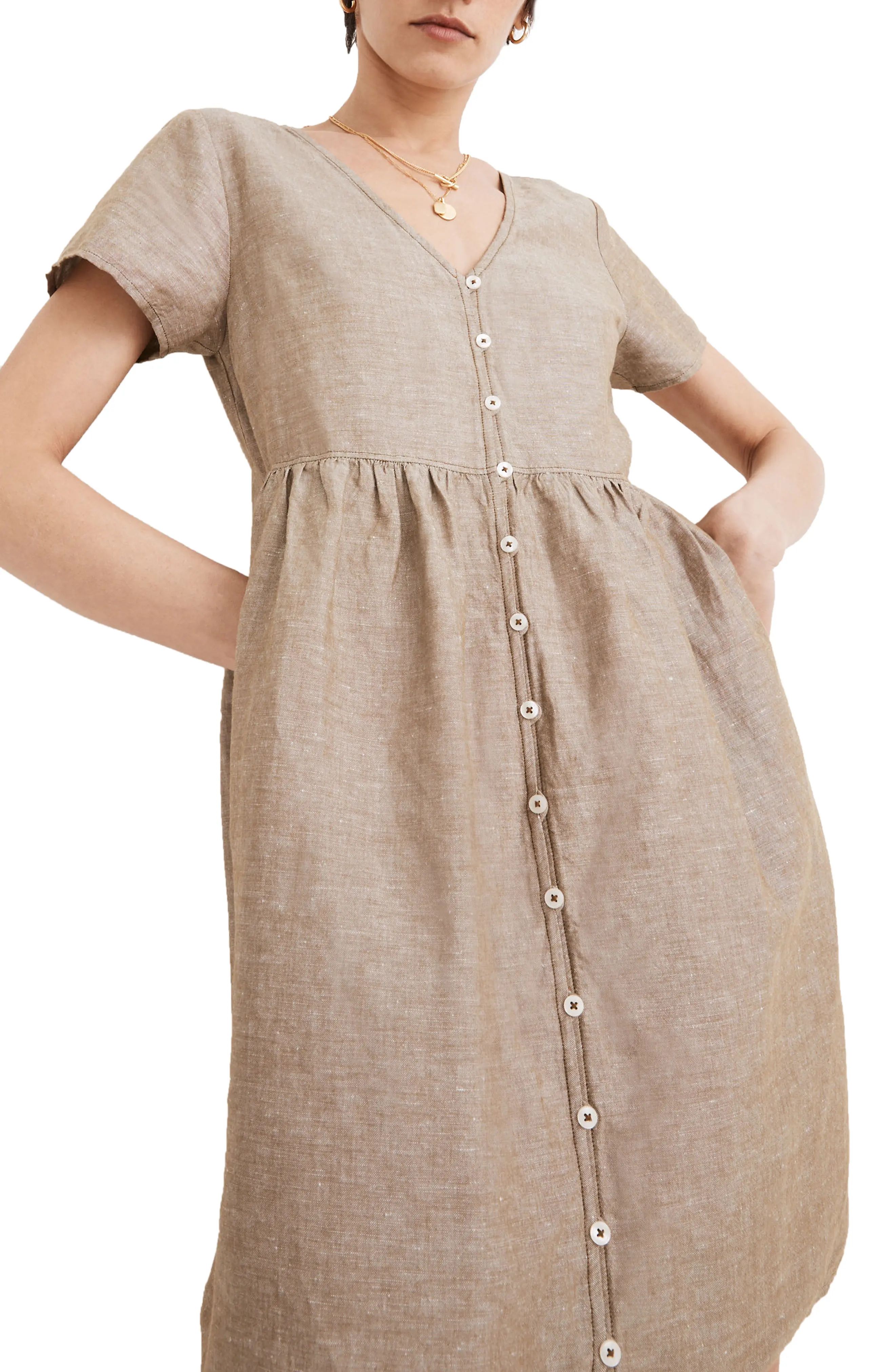 Women's Madewell V-Neck Button Front Linen Blend Minidress, Size X-Small - Green | Nordstrom