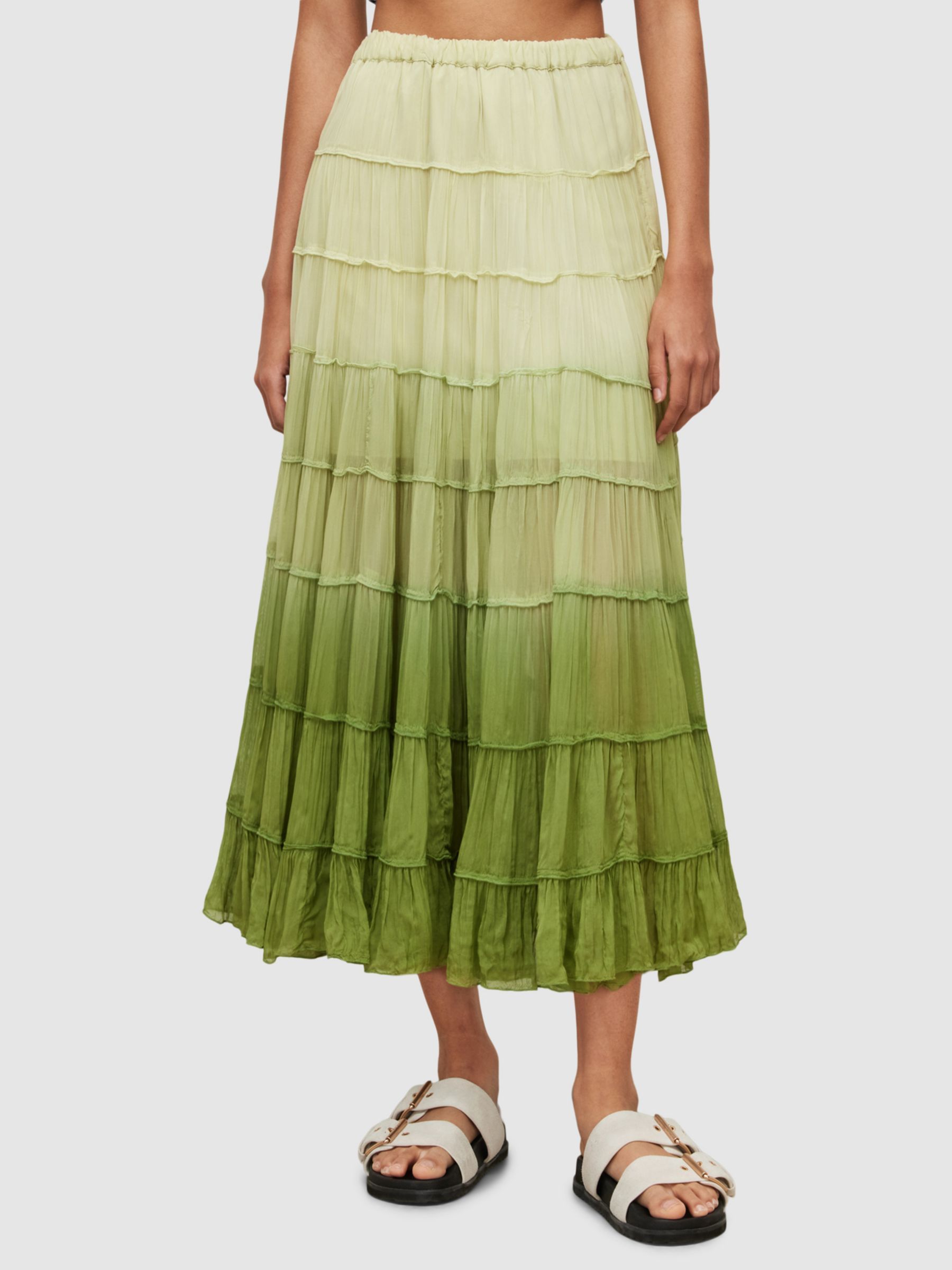 AllSaints Eva Ombre Tiered Midi Skirt, Lime Green | John Lewis (UK)