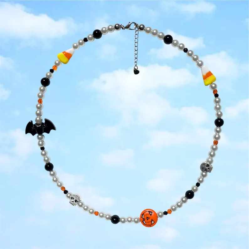 Spooky Halloween Necklace | Pumpkin, Bats, Skulls, Candy Corn Pearl Necklace | Unisex, Y2K 90s Je... | Etsy (US)