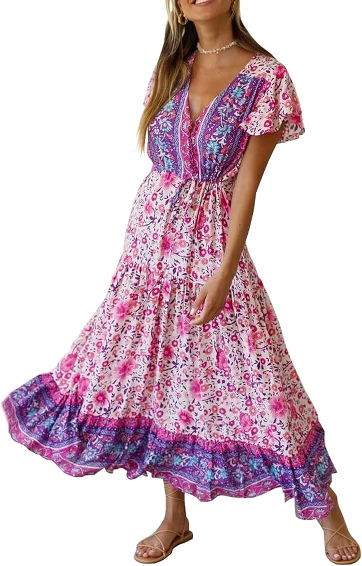 R.Vivimos Womens Summer Floral Print Cotton Short Sleeve Flowy Dress | Amazon (US)