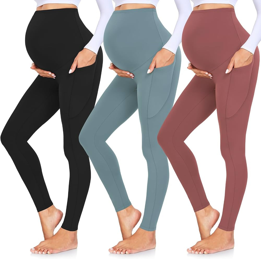 GROTEEN 3 Pack Women's Maternity Leggings with Pockets Over The Belly Workout Yoga Pregnancy Pant... | Amazon (US)