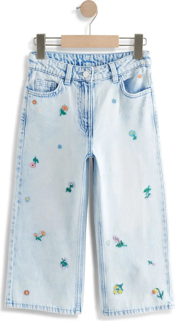 NEXT Kids' Floral Embroidered Distressed Wide Leg Jeans | Nordstrom | Nordstrom