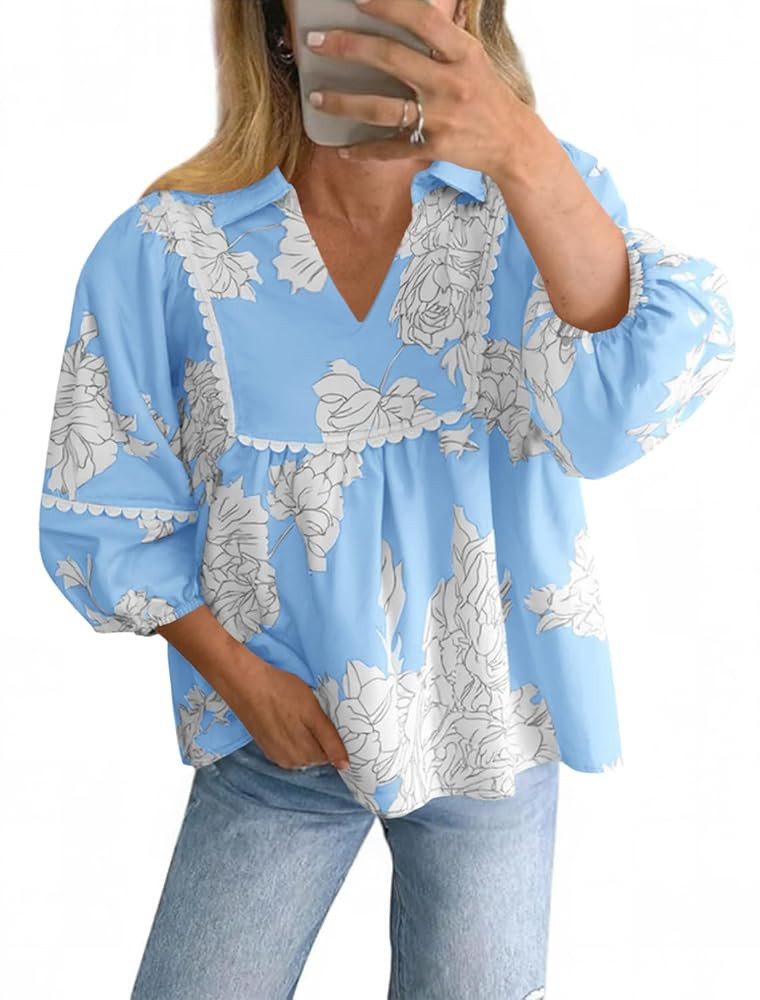 Tankaneo Womens Floral Peplum Babydoll Tops 3/4 Puff Sleeve Pleated Blouse Cute Casual V Neck Loo... | Amazon (US)