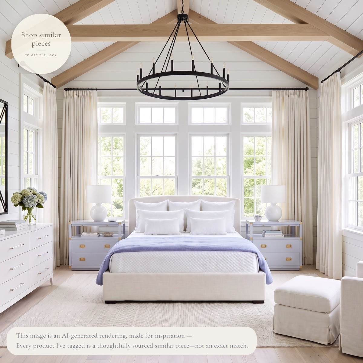 Soft blue, warm white, natural wood, and that incredible vaulted ceiling. 🤍 I love how the exposed beams and oversized black chandelier give this bedroom plenty of contrast while the rest of the room stays light, calm, and relaxed.

The soft blue nightstands might be my favorite part—they add just enough color without taking away from all that beautiful architecture.

Shop thoughtfully sourced similar pieces to get the look at home.

AI-generated design concept for inspiration • Tagged products are thoughtfully sourced similar pieces, not exact matches • Affiliate links may be used. As an Amazon Associate, I earn from qualifying purchases.

#LTKHome