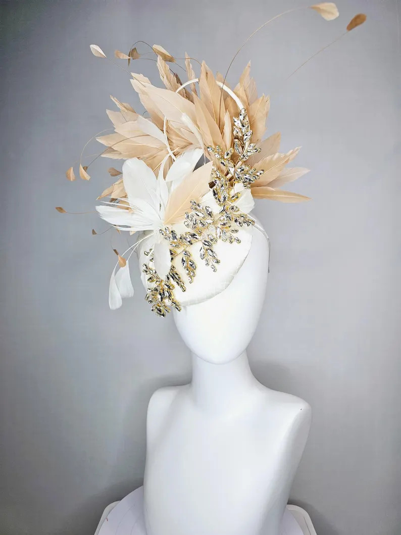 kentucky derby hat fascinator white satin with netting crystal vine rhinestone with white neutral... | Etsy (US)