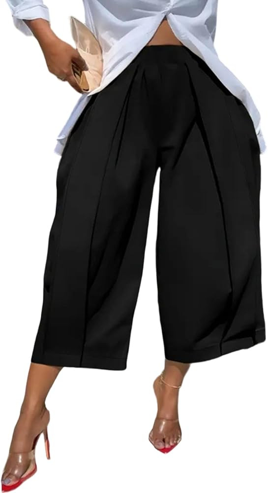 DINGANG Women's Wide Leg Capri Pants High Waisted Pleated Cropped Trousers Ankle Casual Palazzo P... | Amazon (US)