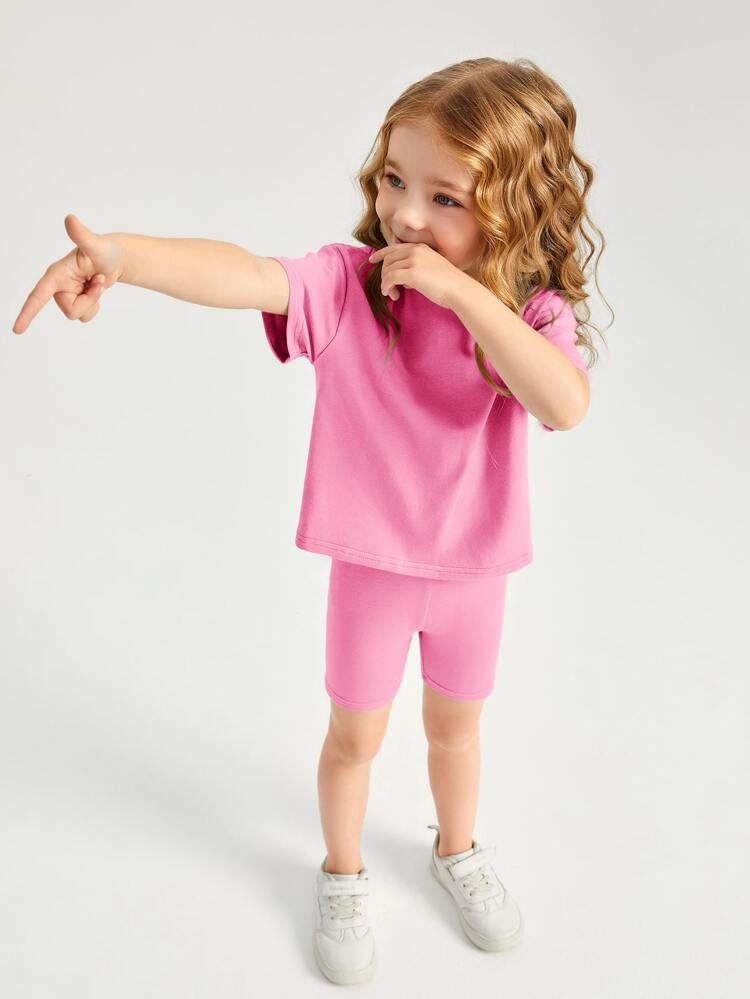 SHEIN BASICS Toddler Girls Drop Shoulder Top & Biker Shorts Set | SHEIN