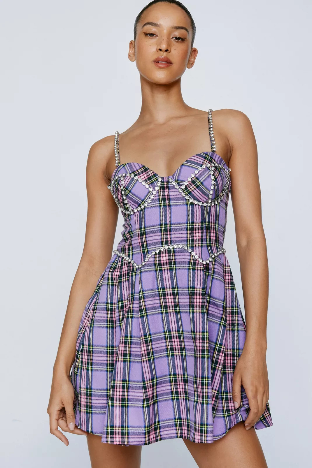 Premium Diamante Trim Check Pleated Mini Dress | Nasty Gal (US)