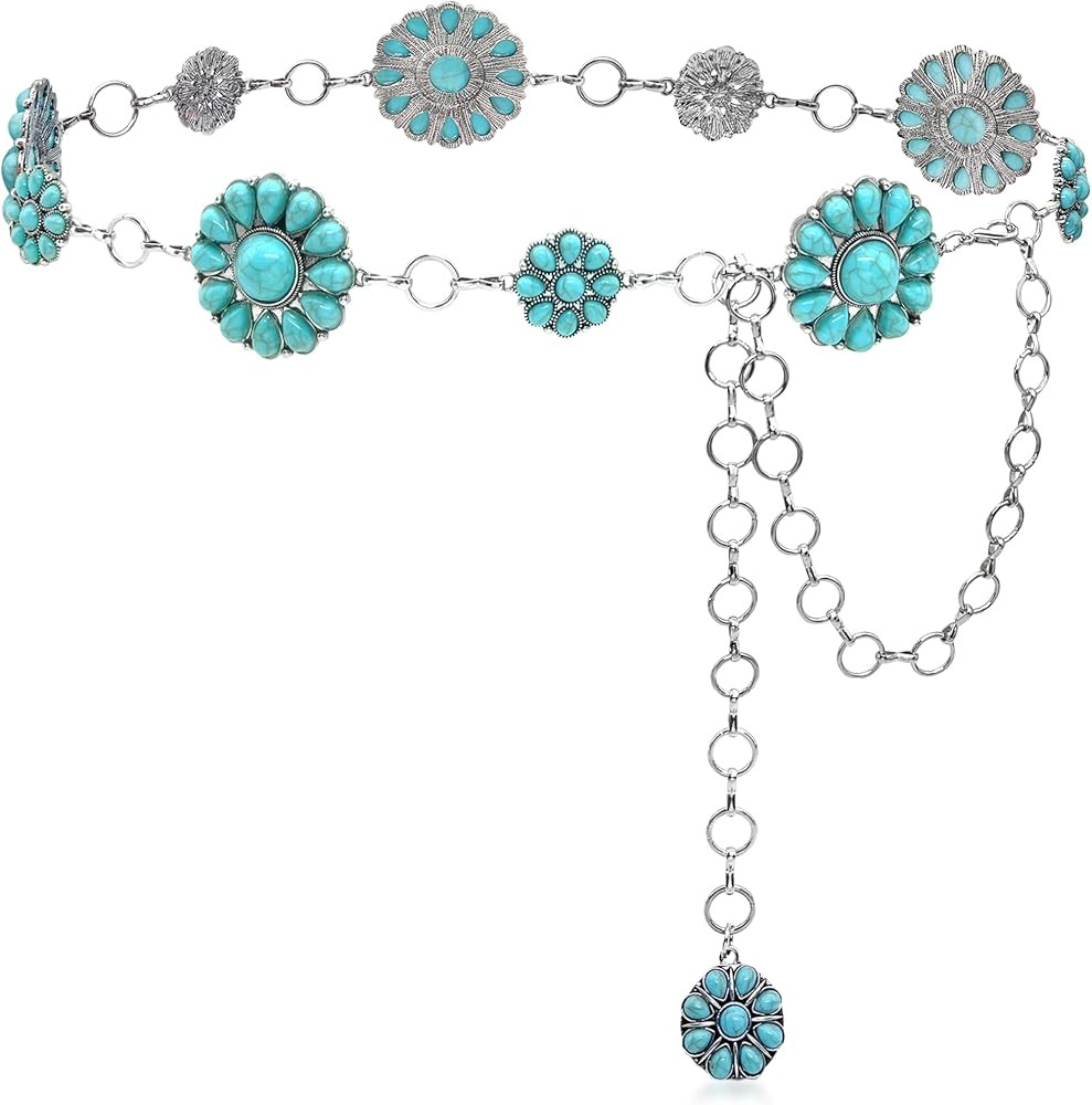 Turquoise Belt Silver Western Chain Belt, Cowgirl Concho Style with Turquoises Embellishment for ... | Amazon (US)