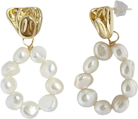 AnnChbpl hoop white Baroque Pearls Earrings Freshwater Pearl Stud big drop dangle Earrings for Wo... | Amazon (US)