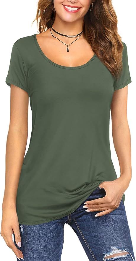 Amoretu Women's Scoop Neck Short/Long Sleeve Tees Cotton T Shirts Blouses Tops | Amazon (US)