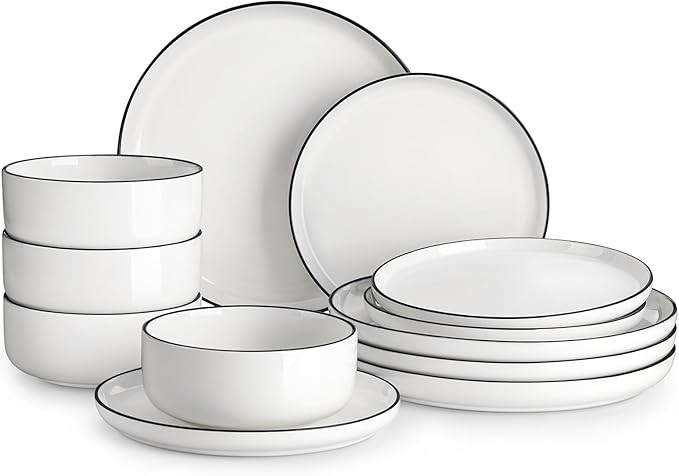 MALACASA Plates and Bowls Sets, 12 Pieces Modern Porcelain Dinnerware Set for 4 White Kitchen Din... | Amazon (US)
