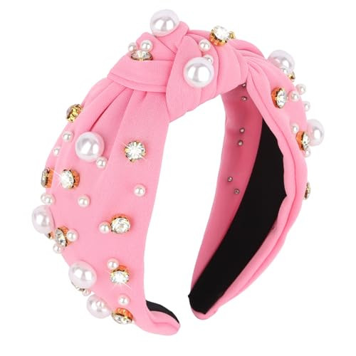 Brimekichio Pink Headband for Women Girls Pearl Knotted Headband Clear Rhinestone Head Band Light Pink Hair Accessories Women | Amazon (US)