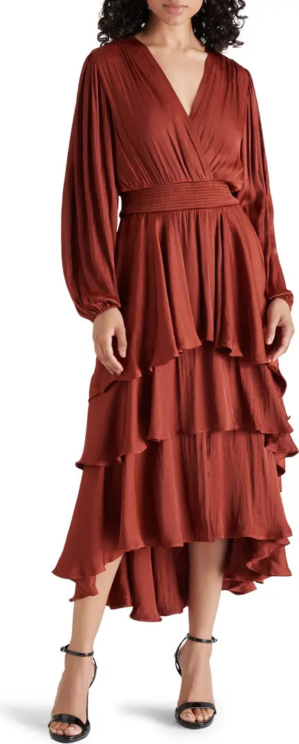 Bei Long Sleeve Tiered Satin Midi Dress | Nordstrom