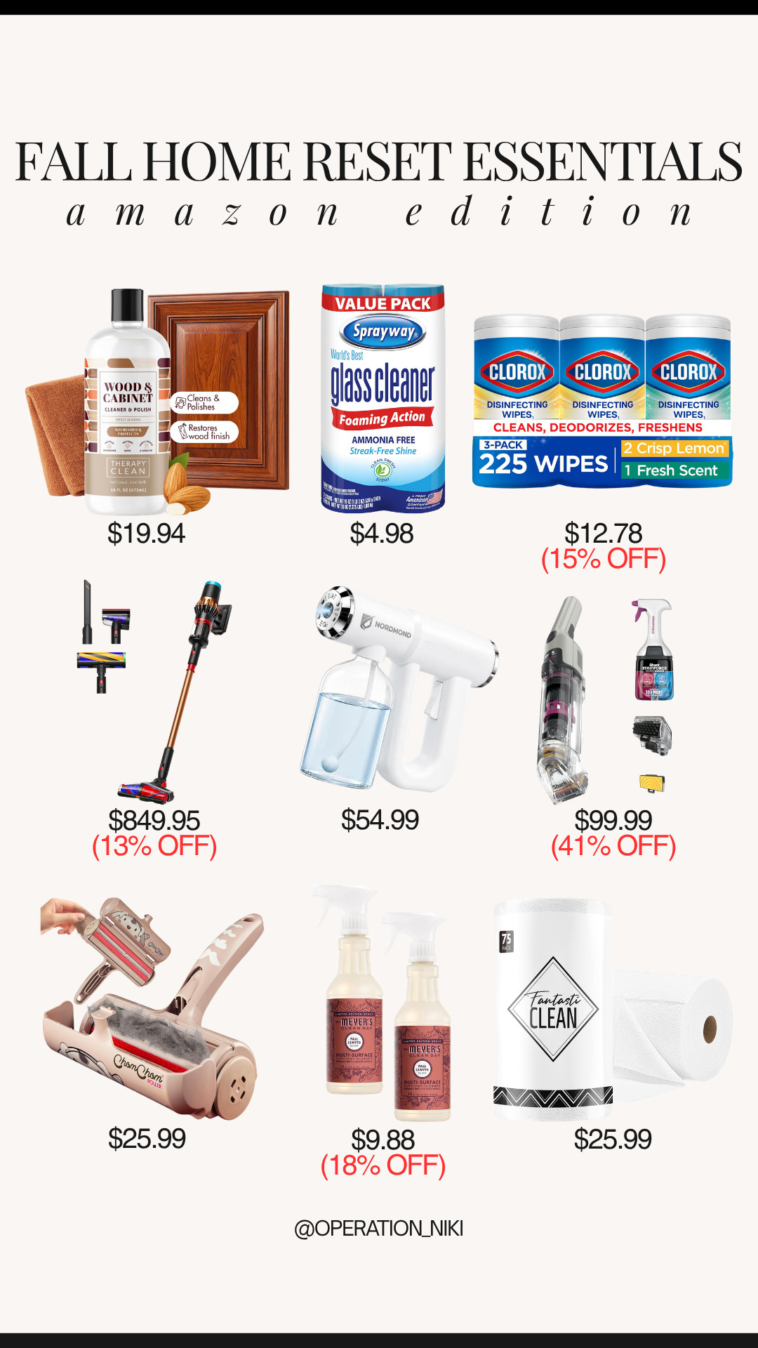Getting your home fresh, clean, and prepped for cozy season with early Prime Day deals makes spending crisp autumn days indoors feel so rewarding! 🍂🧹

This lineup features my go-to fall home reset staples: Therapy Clean wood and cabinet cleaner, Sprayway foaming glass cleaner, Clorox disinfecting wipes, Dyson cordless stick vacuum, Nordmond precision nano mist sprayer, ChomChom pet hair remover, Mrs. Meyer's multi-surface spray, and FantastiClean reusable microfiber towels.

Shop all my favorite early Prime Day fall home reset deals linked below! 🛒

Follow for more @OPERATION_NIKI on IG, TikTok, & Facebook

#HomeReset #FallCleaning #PrimeBigDealDays #EarlyPrimeDeals #OperationNiki #AmazonDeals #CleaningHacks #CozyHome #ShoppingHaul 

 #LTKHome