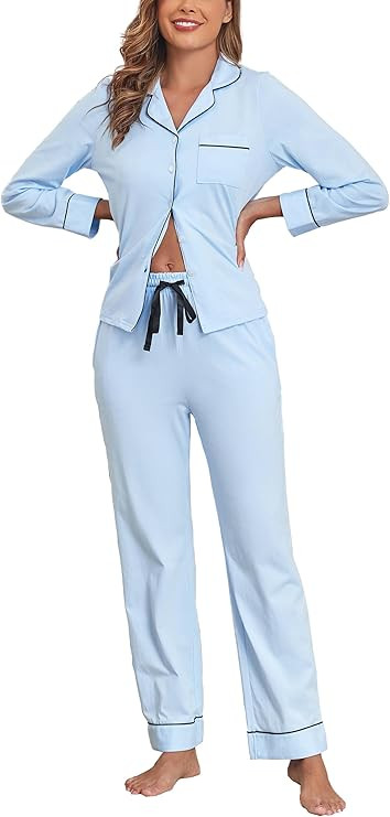 Veseacky 100% Cotton Women's Pajama Set Long Sleeve Button Down Sleepwear Soft Pjs Lounge Sets Ni... | Amazon (US)