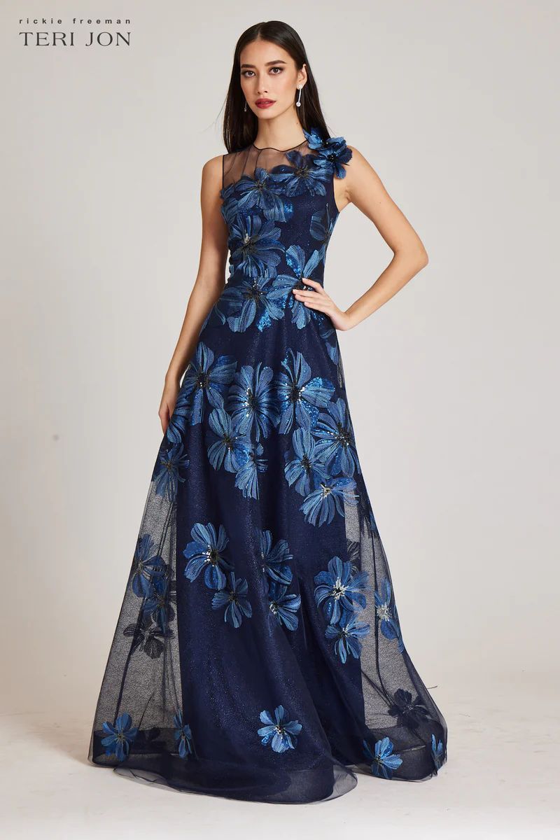 Floral Embroidered Tulle Gown With 3D Flower | TERIJON
