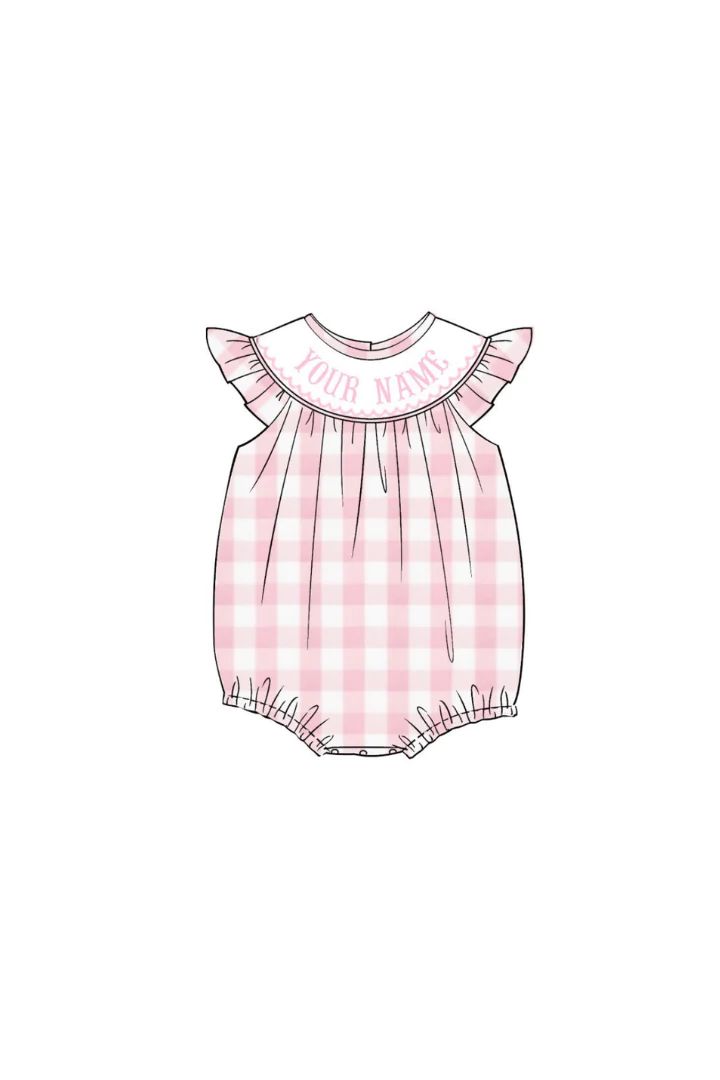 Pre-Order Hand Smocked Custom Name Pink and White Gingham Bubble | The Smocked Flamingo