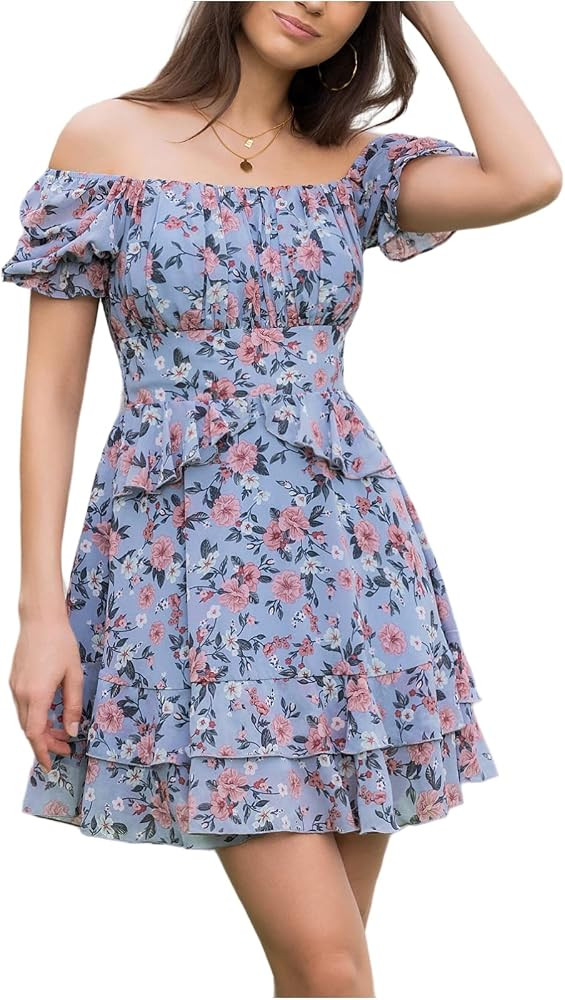 EXLURA Womens Summer Dress Floral Ruffle Tiered Square Neck Sundress Short Sleeve Off Shoulder Sm... | Amazon (US)