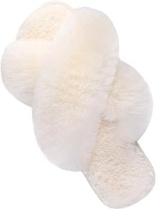 Cozyfurry Women's Fuzzy Slippers Cross Band Soft Plush Cozy House Shoes Furry Open Toe Indoor or ... | Amazon (US)
