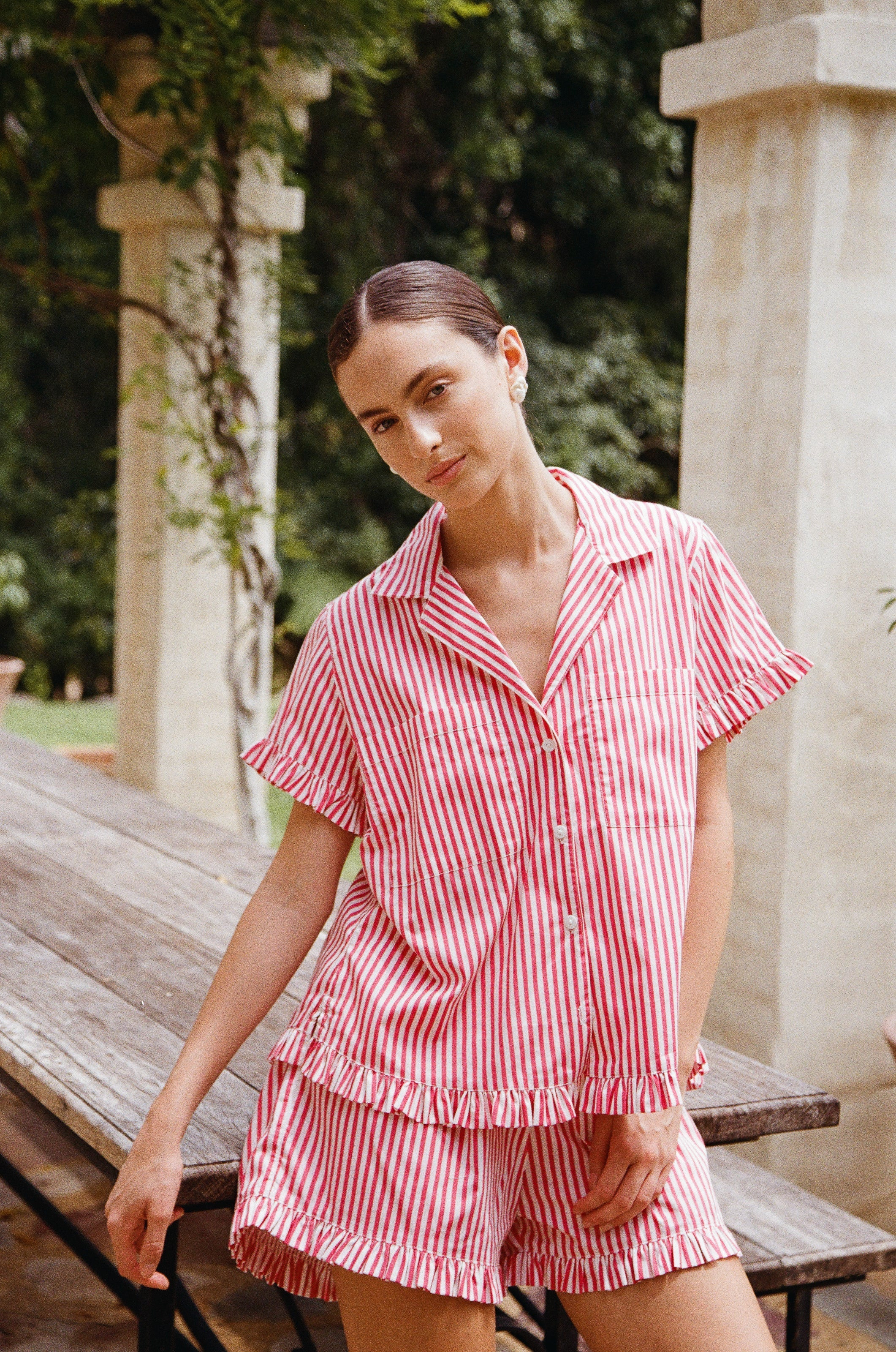 Felicity Frill Pajama Set - Pinstripe Cherry | Piyama US