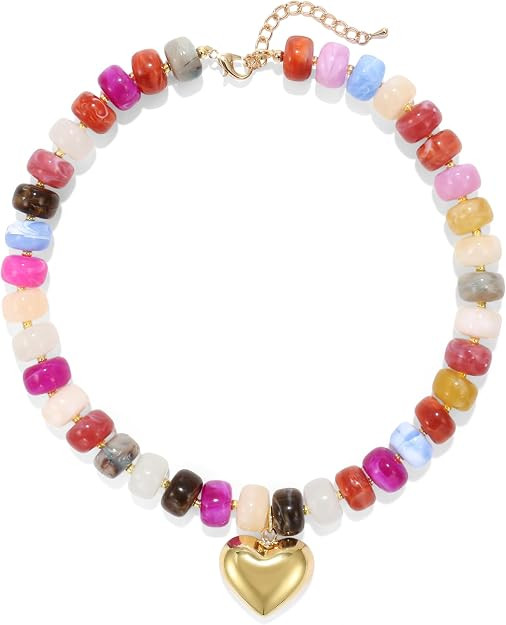 Chunky Heart Necklace for Women, Colorful Acrylic Beaded Statement Puff Heart Necklace, Cute Boho... | Amazon (US)