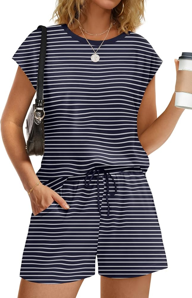 WIHOLL Two Piece Sets for Women Summer Crew Neck Lounge Short Sets Cap Sleeve Drawstring Sweatsui... | Amazon (US)