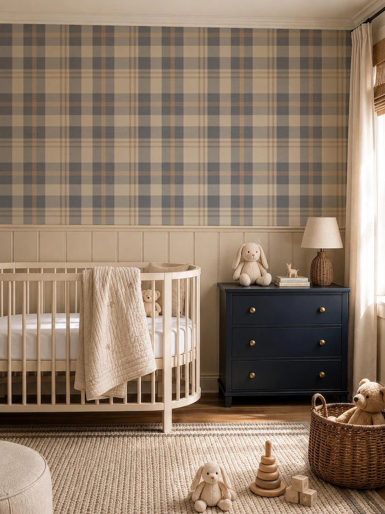 Neutral Blue and Beige Plaid Wallpaper \u2013 Rustic Check Pattern for Cozy Scandinavian & Farmho... | Etsy (Global)