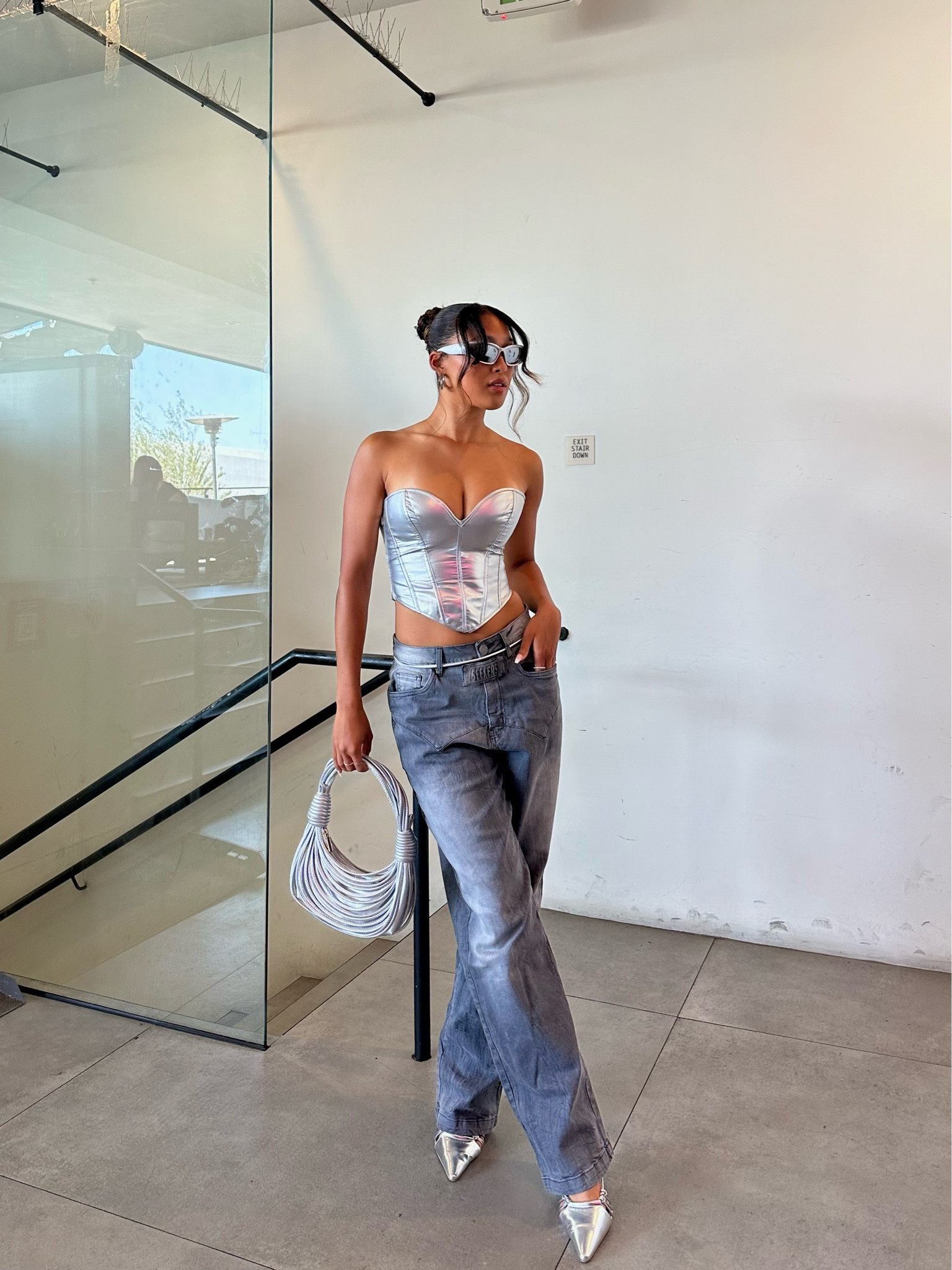 Beyonce concert outfit with silver corset baggy slate grey denim jeans silver hand bag and silver kitten heels with silver sunglasses

#LTKshoecrush #LTKstyletip #LTKunder100