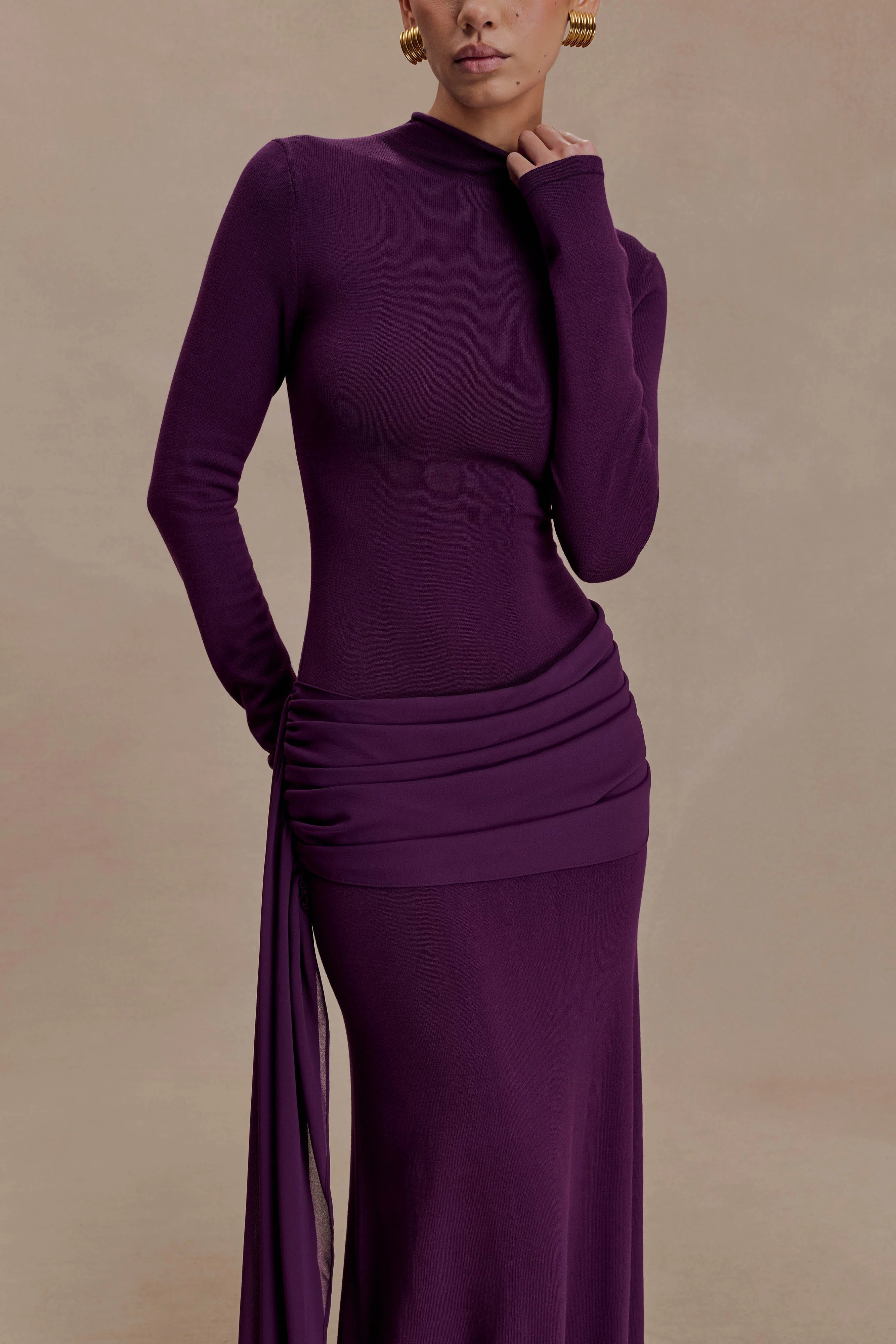 Grayson Knit Chiffon Maxi Dress - Plum | MESHKI US