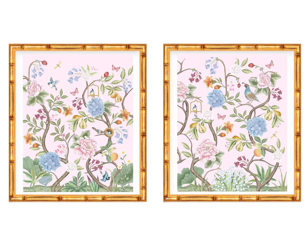 Set of Two Art Prints Chinoiserie Flowers with Birds and Butterflies // Nursery Decor // Girls Ro... | Etsy (US)