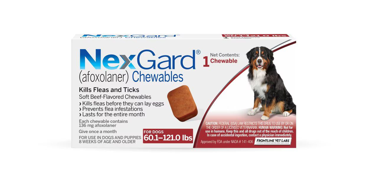 NEXGARD Chew for Dogs, 60.1-121 lbs, (Red Box), 1 Chew (1-mo. supply) - Chewy.com | Chewy.com