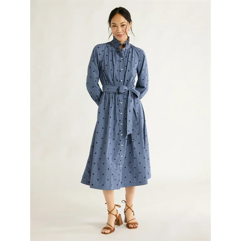 Free Assembly Women's Ruffle Neck Midi Dress, Sizes XS-XXL - Walmart.com | Walmart (US)